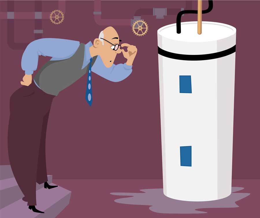 Illustration of a man looking at a leaking water heater