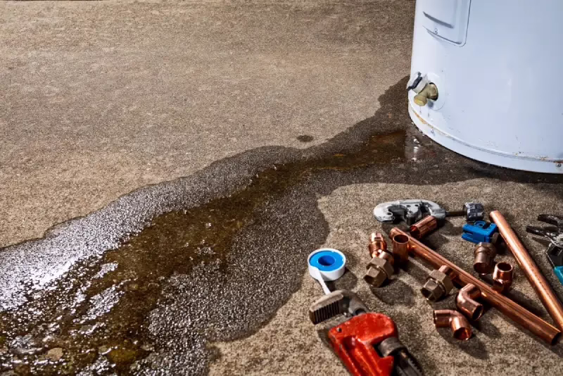 Water heater leaking onto concrete floor with tools beside pooling water